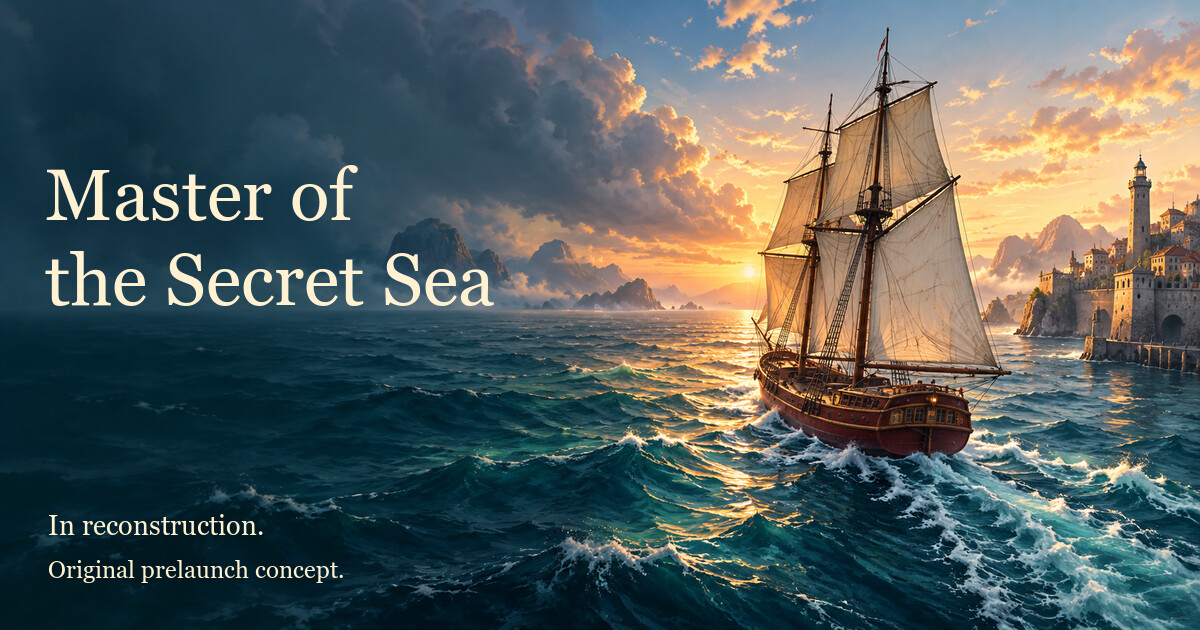 Master of the Secret Sea title beside an original cream-sailed vessel leaving an imagined dawn harbour. Labelled In reconstruction and Original prelaunch concept; not original-game artwork or a gameplay capture.