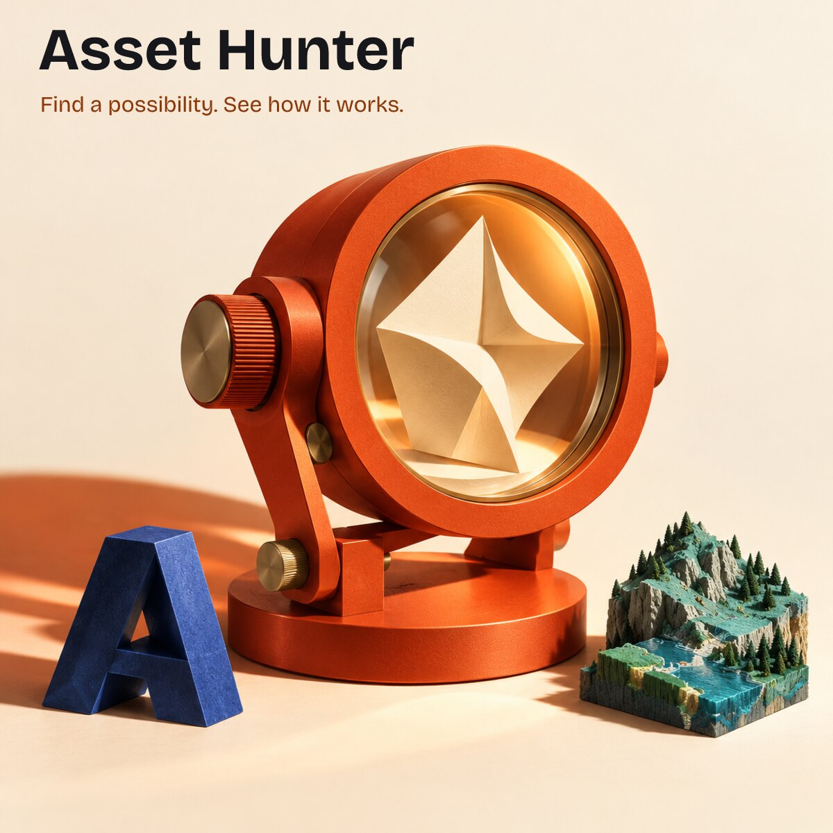 New conceptual artwork of an orange optical discovery instrument revealing folded paper, with a blue letterform and miniature terrain. It illustrates creative discovery, not an actual machine.