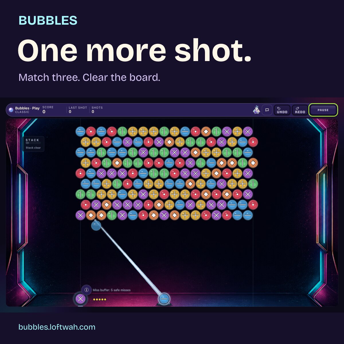 Bubbles' current Classic board, colourful symbol-marked bubbles and aiming line beneath One more shot. The full playfield is retained.