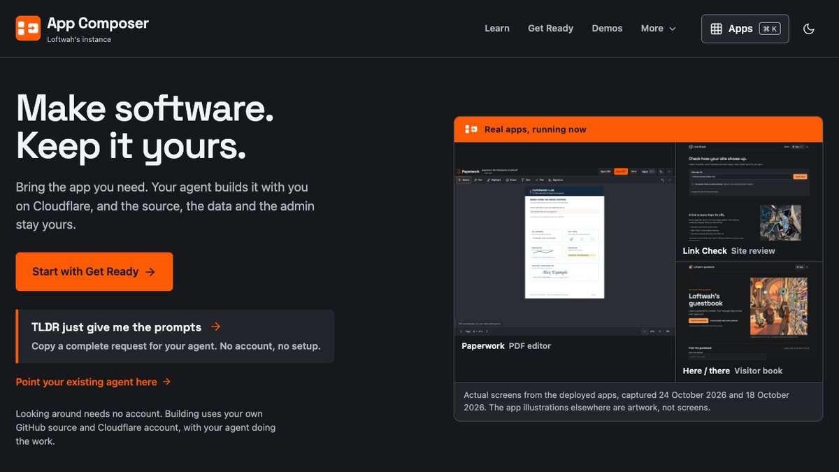 App Composer's current public homepage, with its own orange mark and actual screens from Paperwork, Link Check and Here / there.