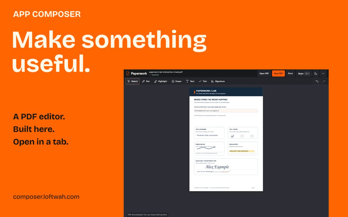 An orange App Composer composition featuring the actual deployed Paperwork PDF editor and a clearly fictional demonstration form.
