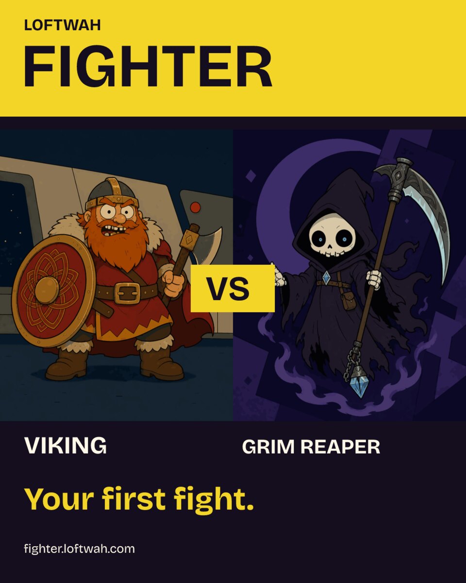 A yellow and ink fight-night poster pairing the complete Viking and Grim Reaper portraits from Fighter's public roster.