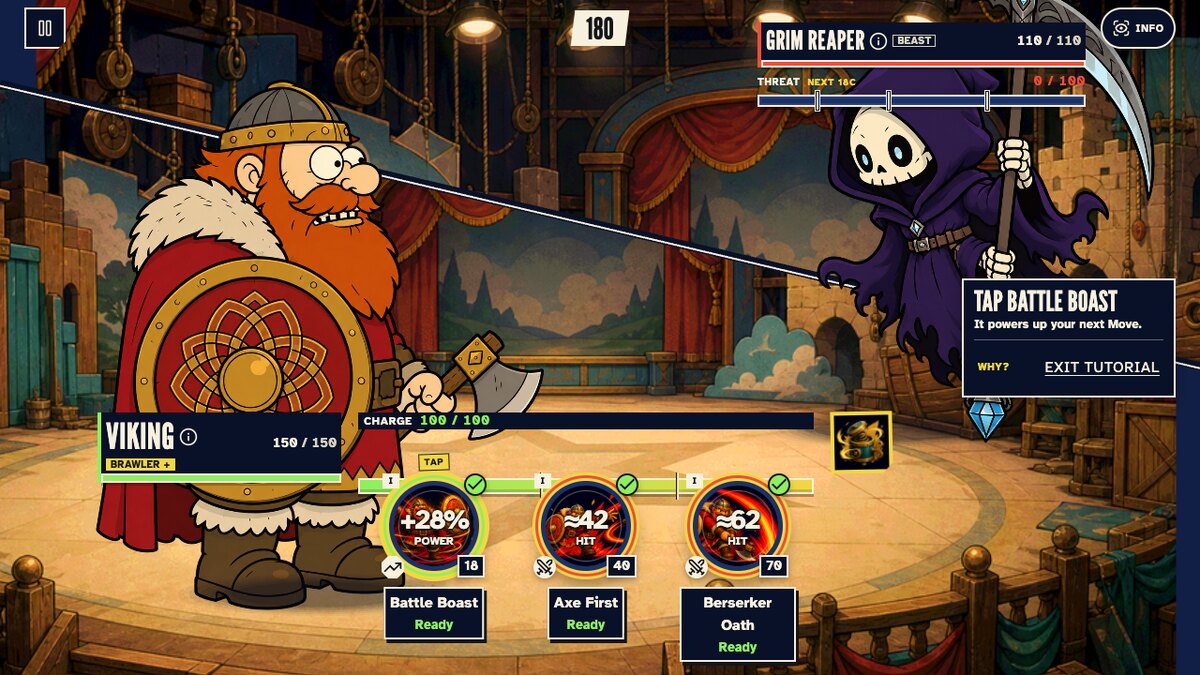 The current Fighter practice battle with Viking facing Grim Reaper and the tutorial's move controls. A staged tutorial, not a competitive result.