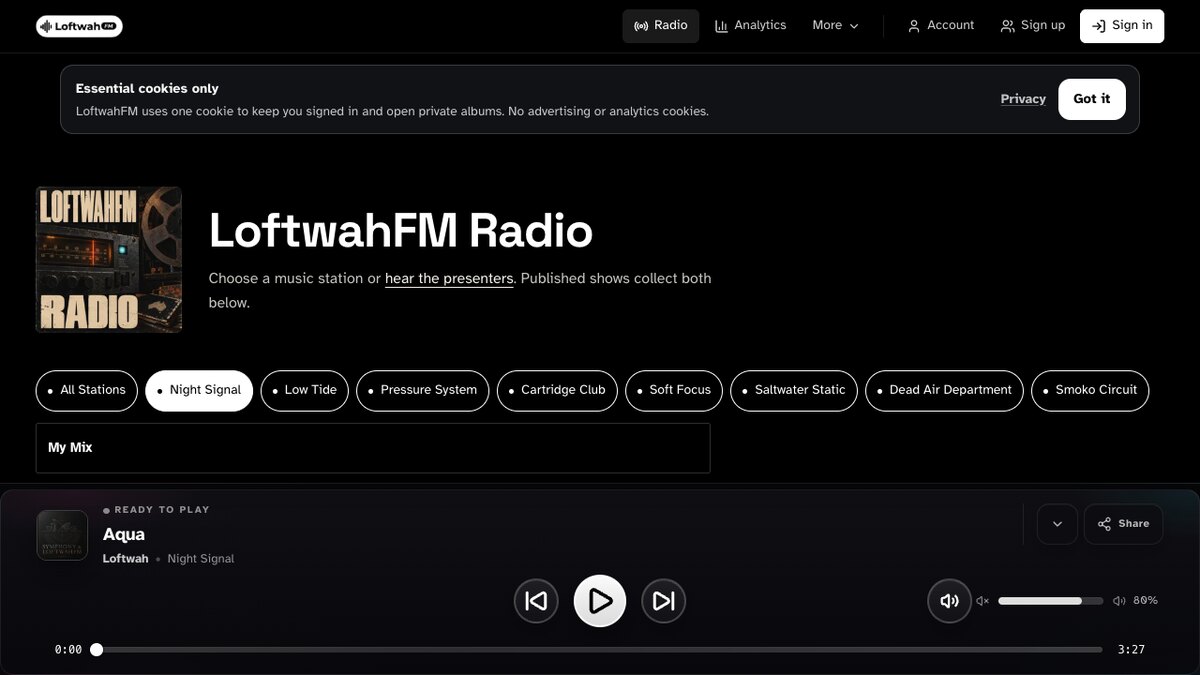 LoftwahFM's current radio page with station choices and original cover artwork. No audio was started to make this capture.