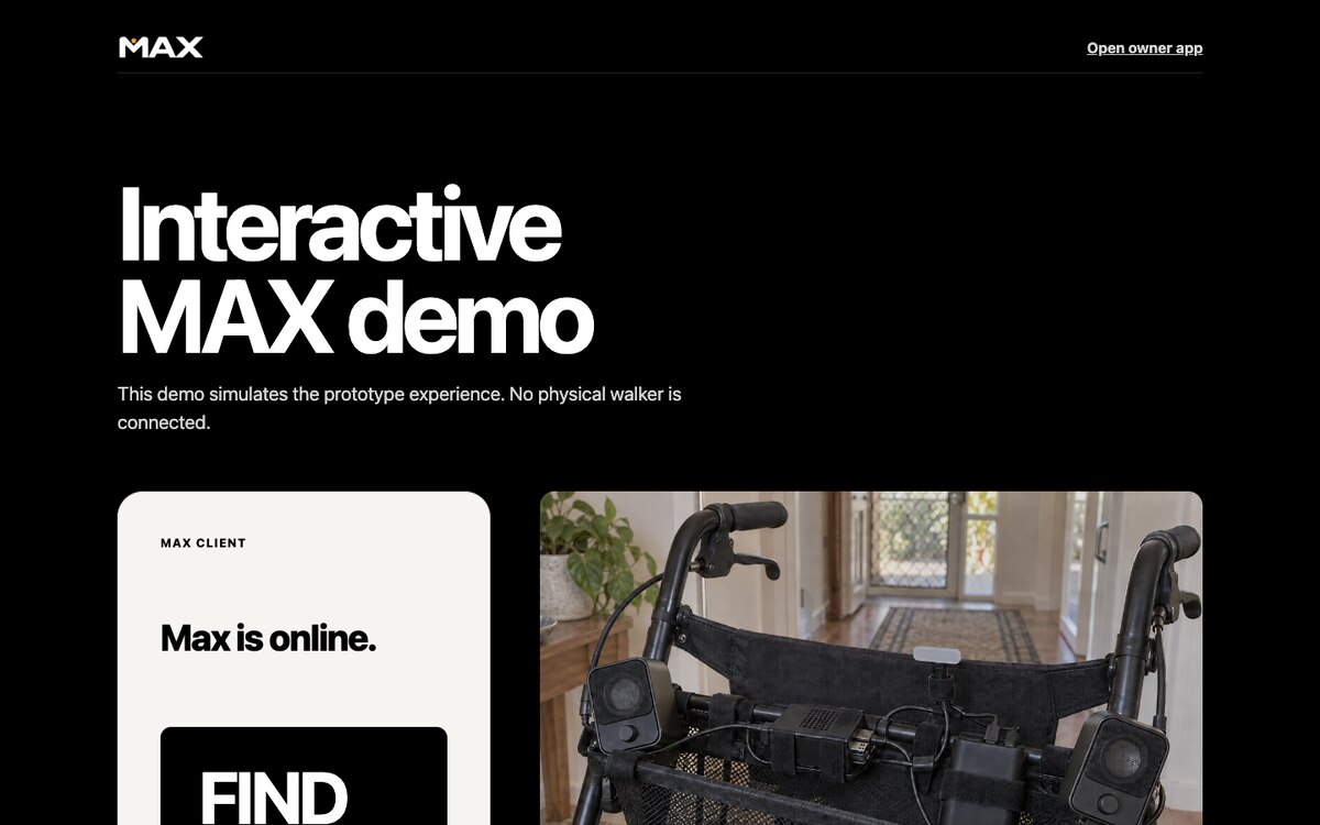 The actual public MAX demo with FIND MAX, a virtual prototype view and the visible explanation that no physical walker is connected.