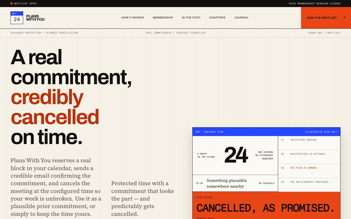 Current Plans With You public homepage showing its planned-cancellation explanation, illustrative ordinary plan and explicit waitlist status.