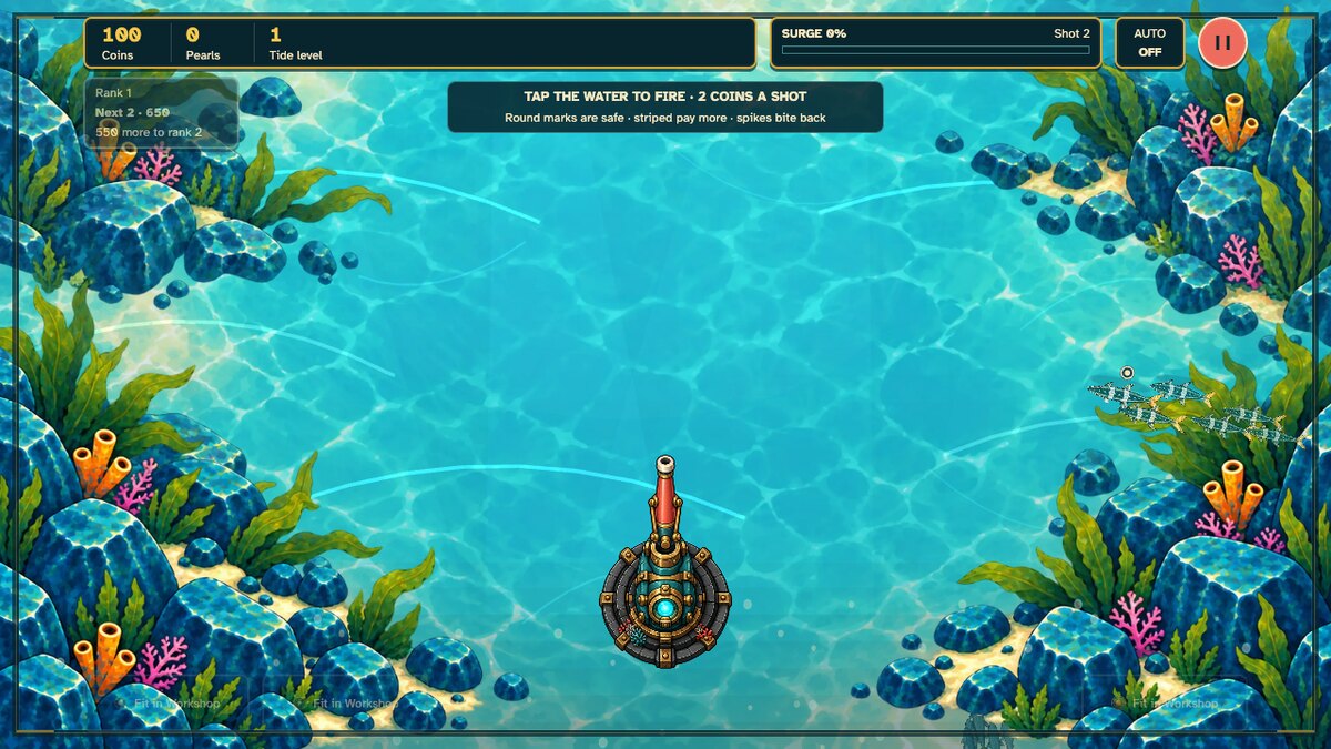 SHOALSHOT's current Tide Pool playfield, with bright reef edges, travelling fish and the original launcher. Staged opening dive.