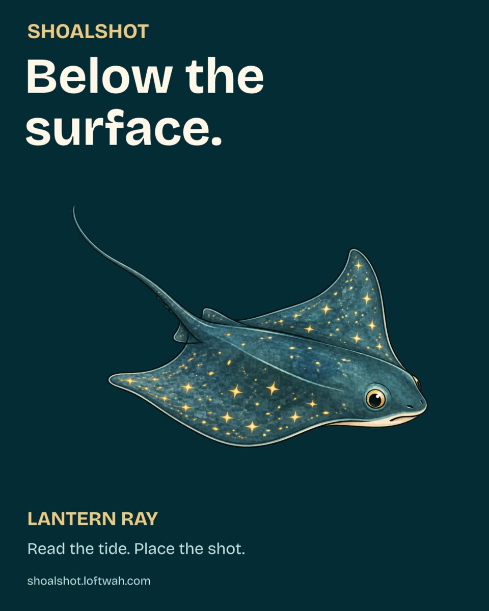 A complete star-speckled Lantern Ray from SHOALSHOT's published game artwork, on deep teal with the line Below the surface.