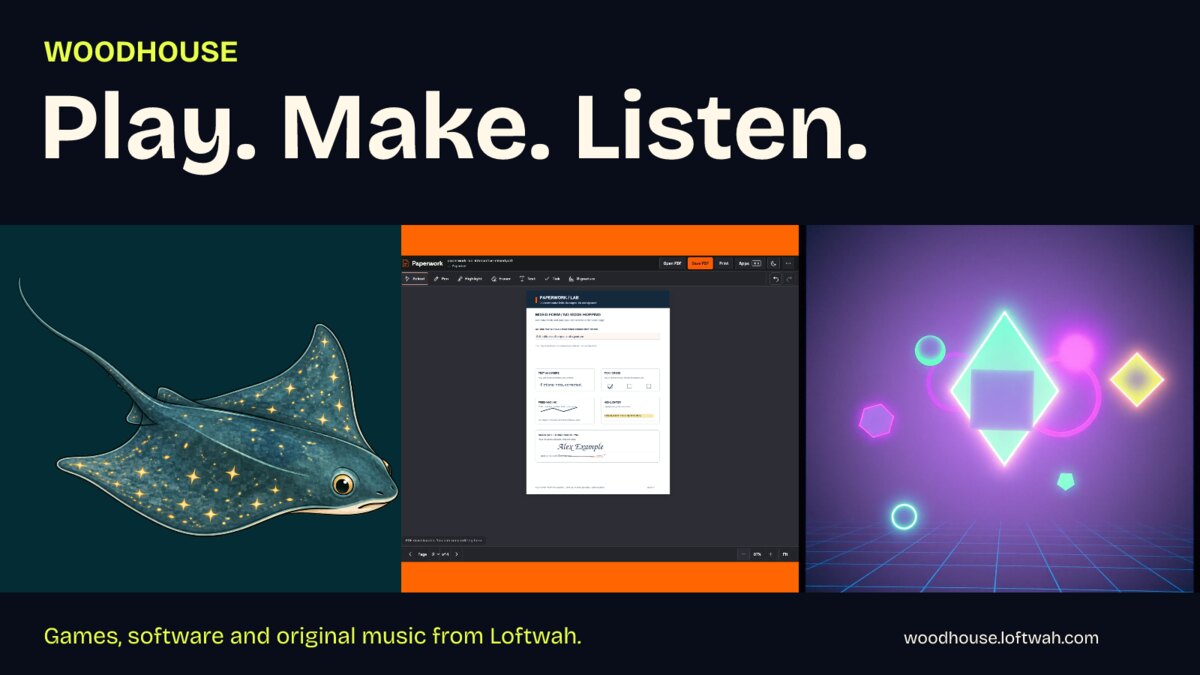 A Woodhouse publisher spread: SHOALSHOT's complete Lantern Ray, App Composer's real Paperwork editor and LoftwahFM's Cartridge Funk cover in three large panels.