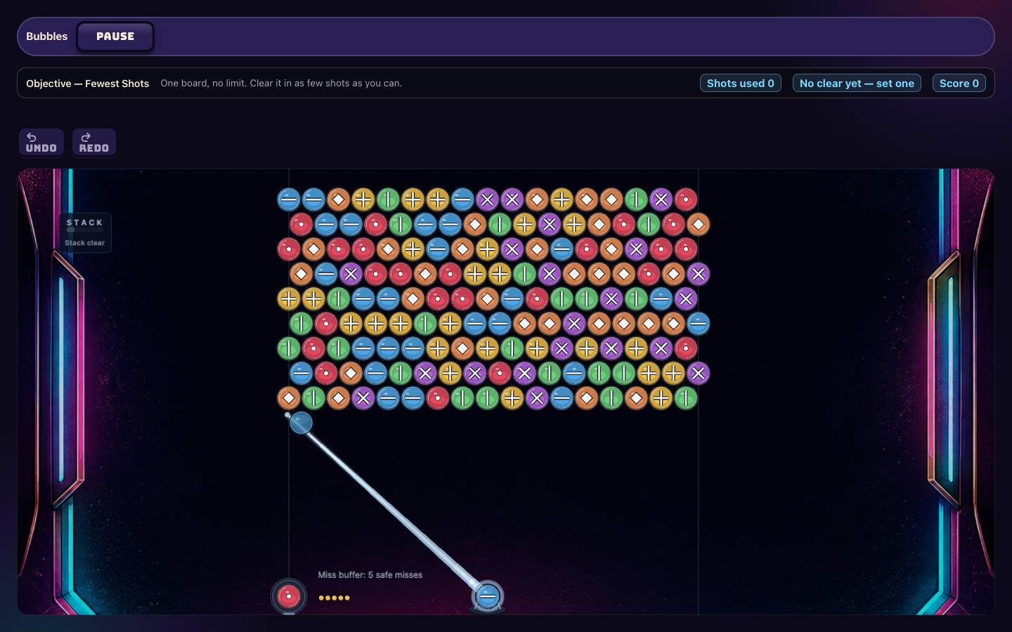 Bubbles’ Fewest Shots board before the first shot. The objective says one board, no limit; Shots used is zero and the personal clear is not yet set.