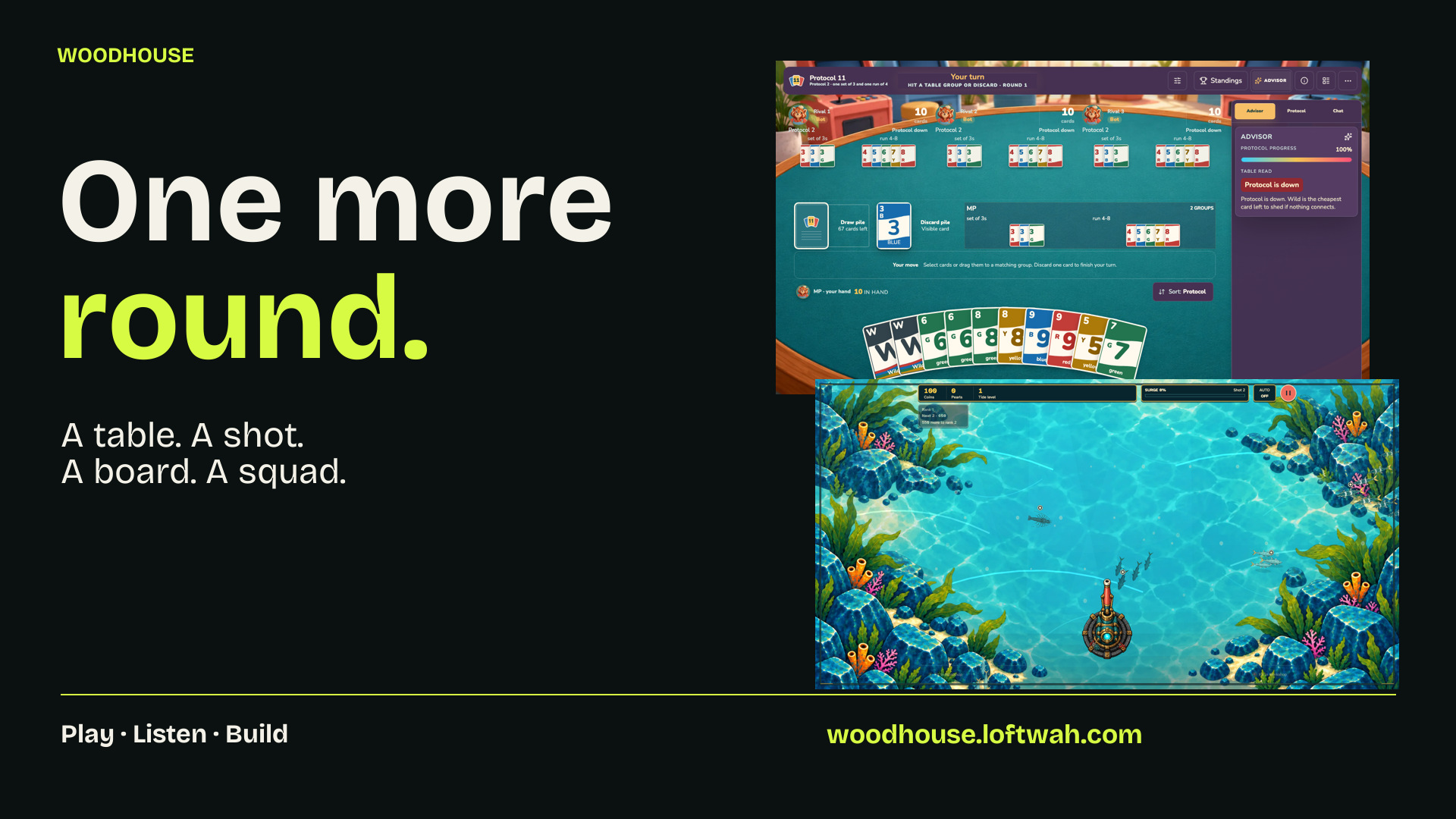 One more round. Protocol 11 card table beside SHOALSHOT underwater play. An invitation to play, listen or try a composition.