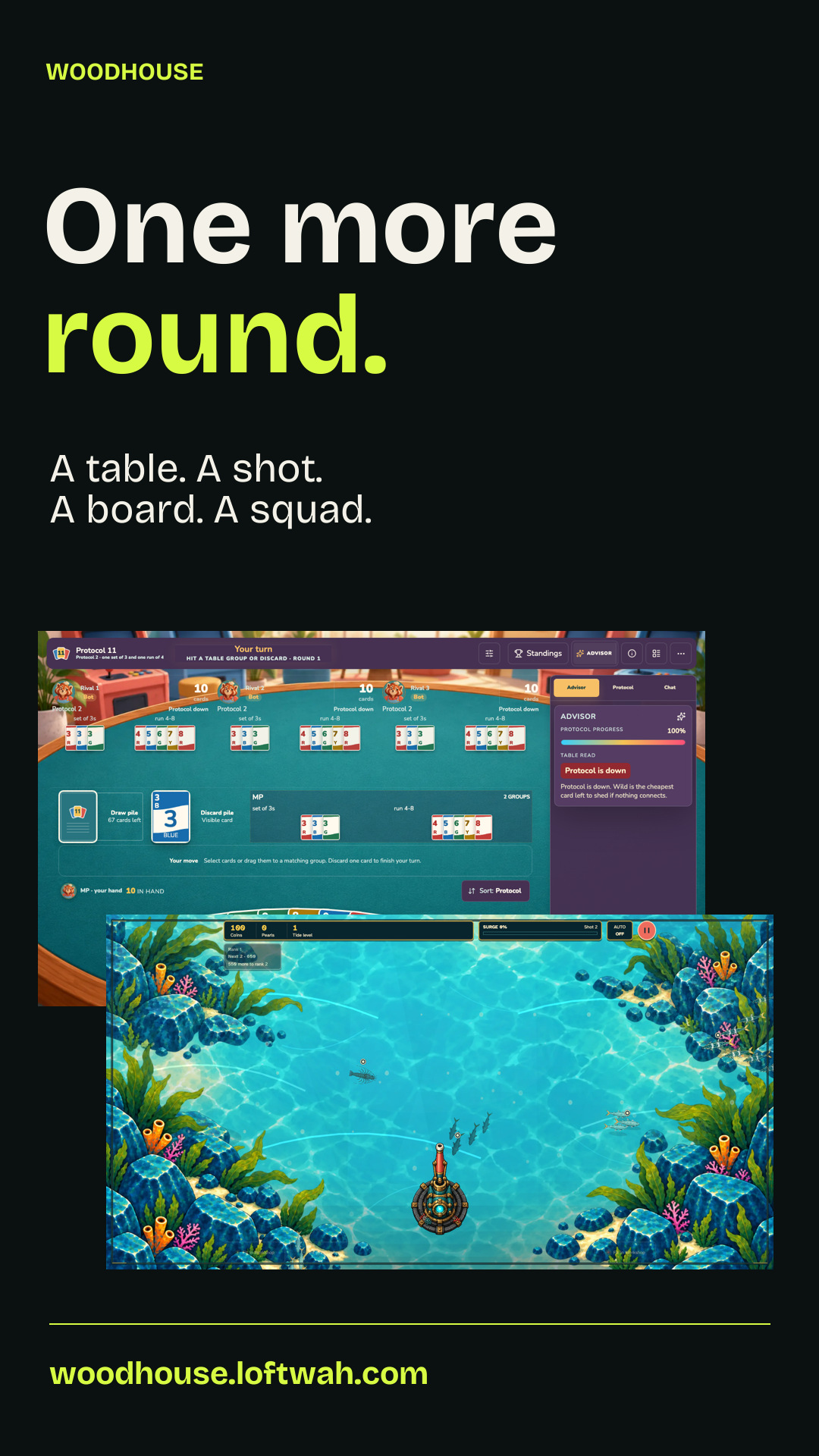 One more round. Protocol 11 card table beside SHOALSHOT underwater play. An invitation to play, listen or try a composition.