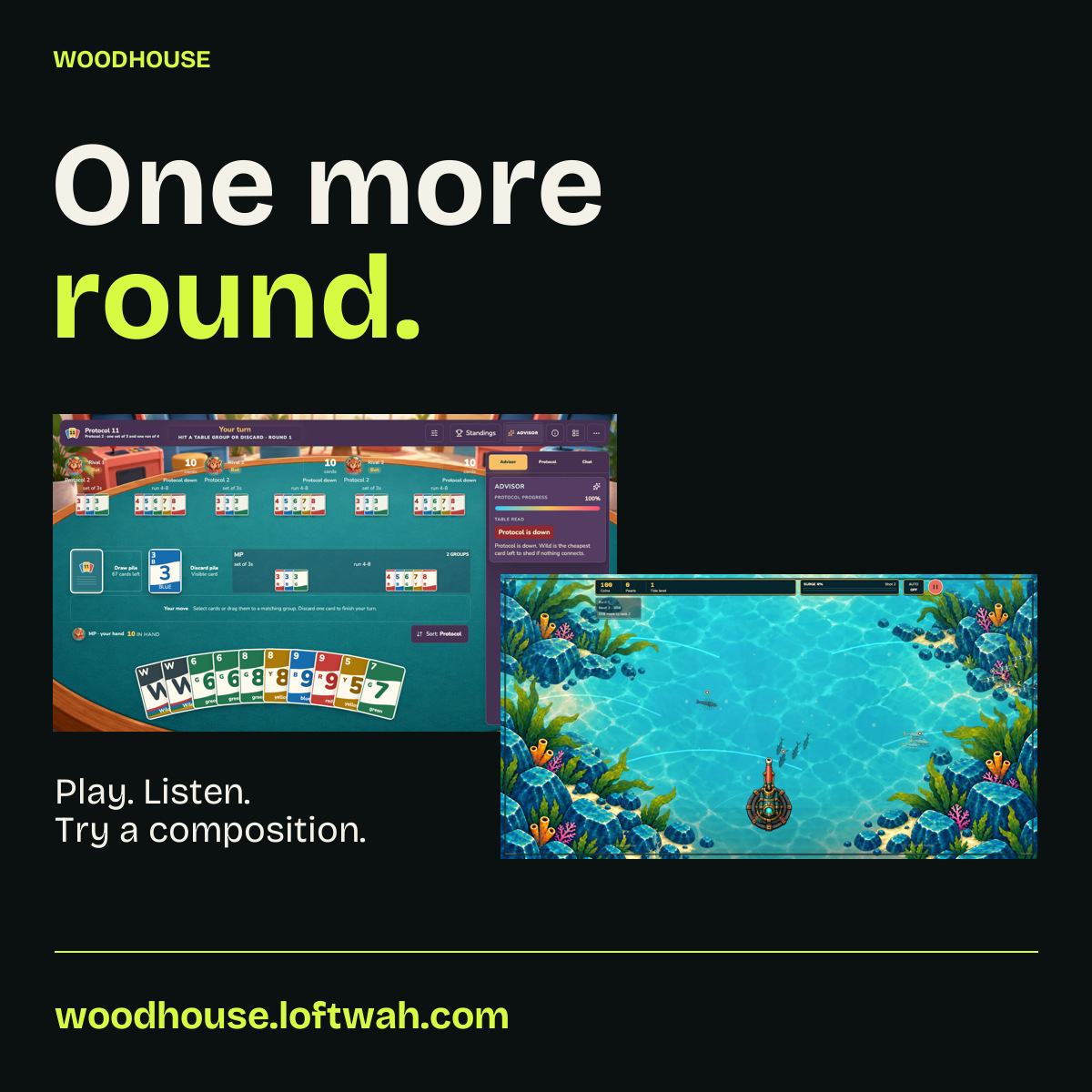One more round. Protocol 11 card table beside SHOALSHOT underwater play. An invitation to play, listen or try a composition.