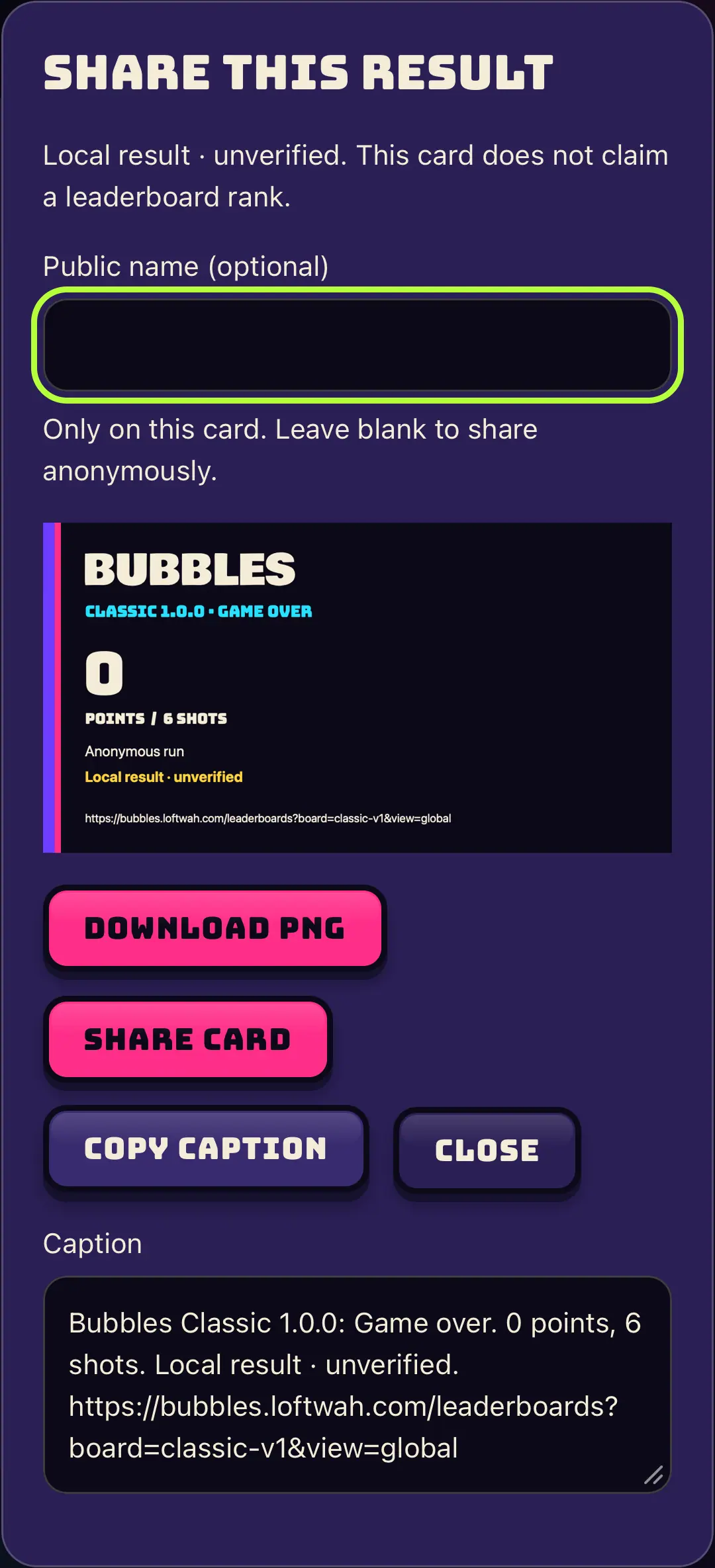 Actual anonymous Classic local result export sheet on phone. Local result is unverified; no rank, account or player name.