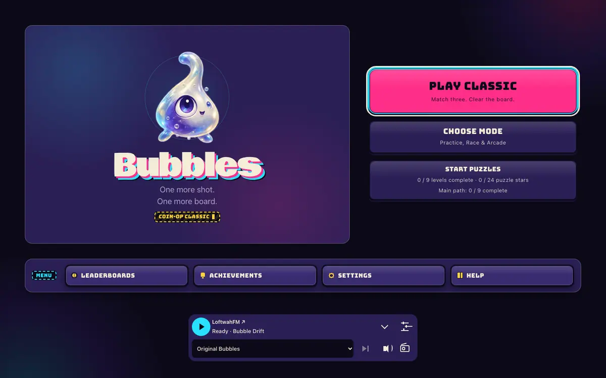 Current live Bubbles menu and compact music transport. No player account, name or debug overlay.