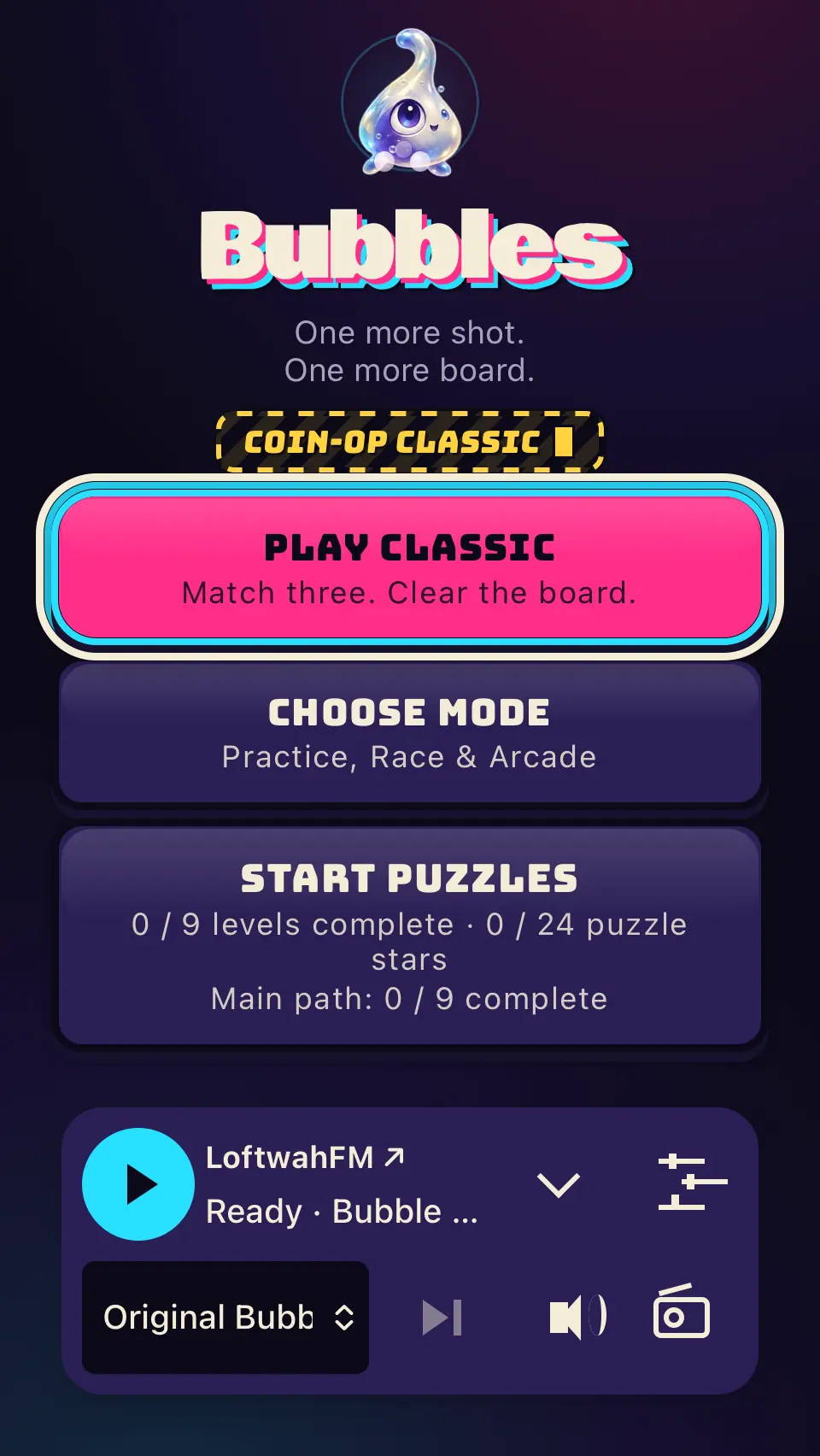 Current live Bubbles phone menu and music transport. No player account, name or debug overlay.