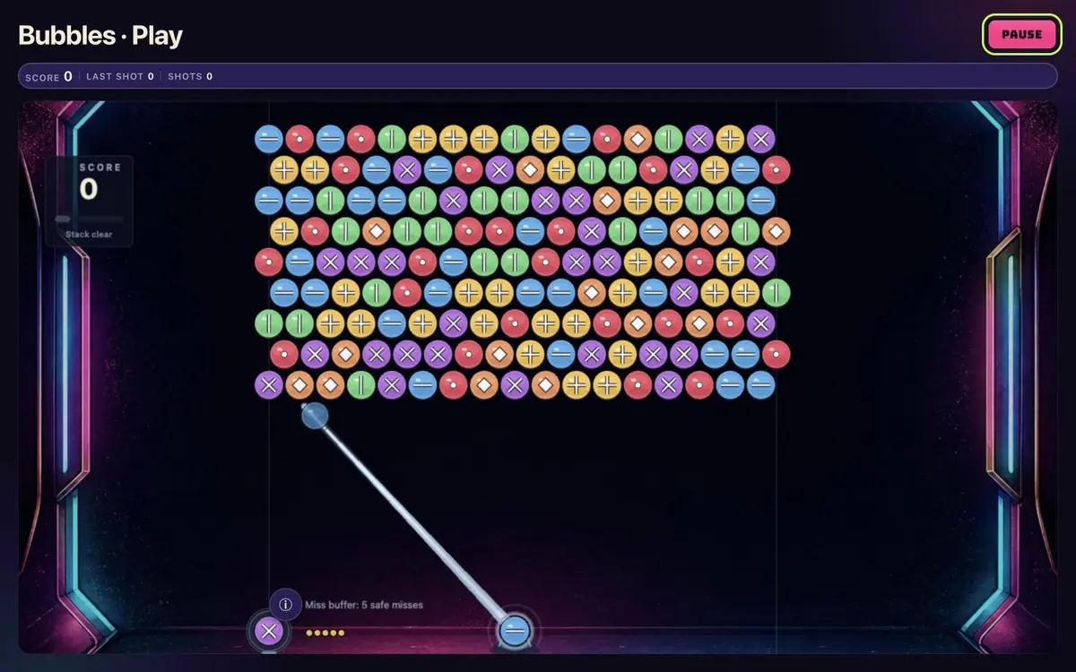 Bubbles Classic game board with symbol bubbles and the aim guide, without account or debug information
