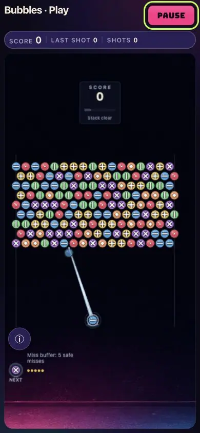 Bubbles Classic game board with symbol bubbles and the aim guide, without account or debug information