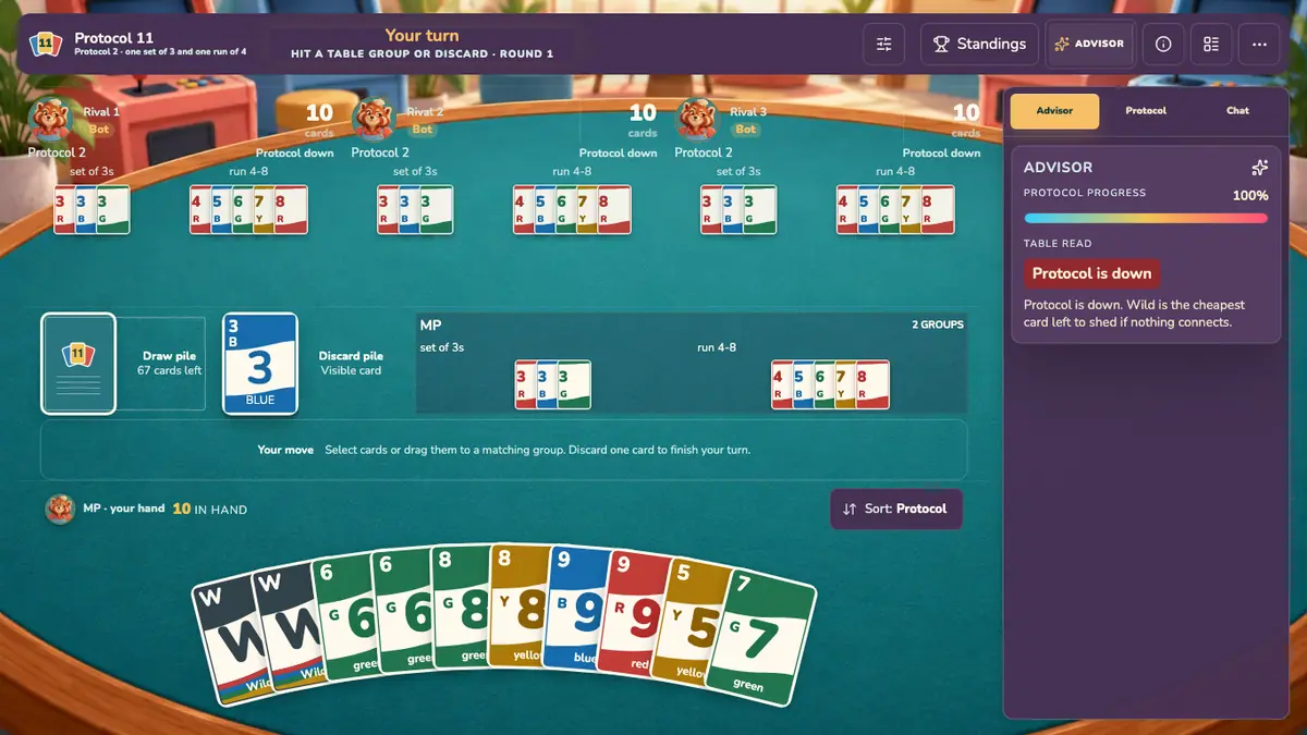 Protocol 11 table layout with anonymous MP and Rival test seats, groups and hand cards in a controlled layout demonstration