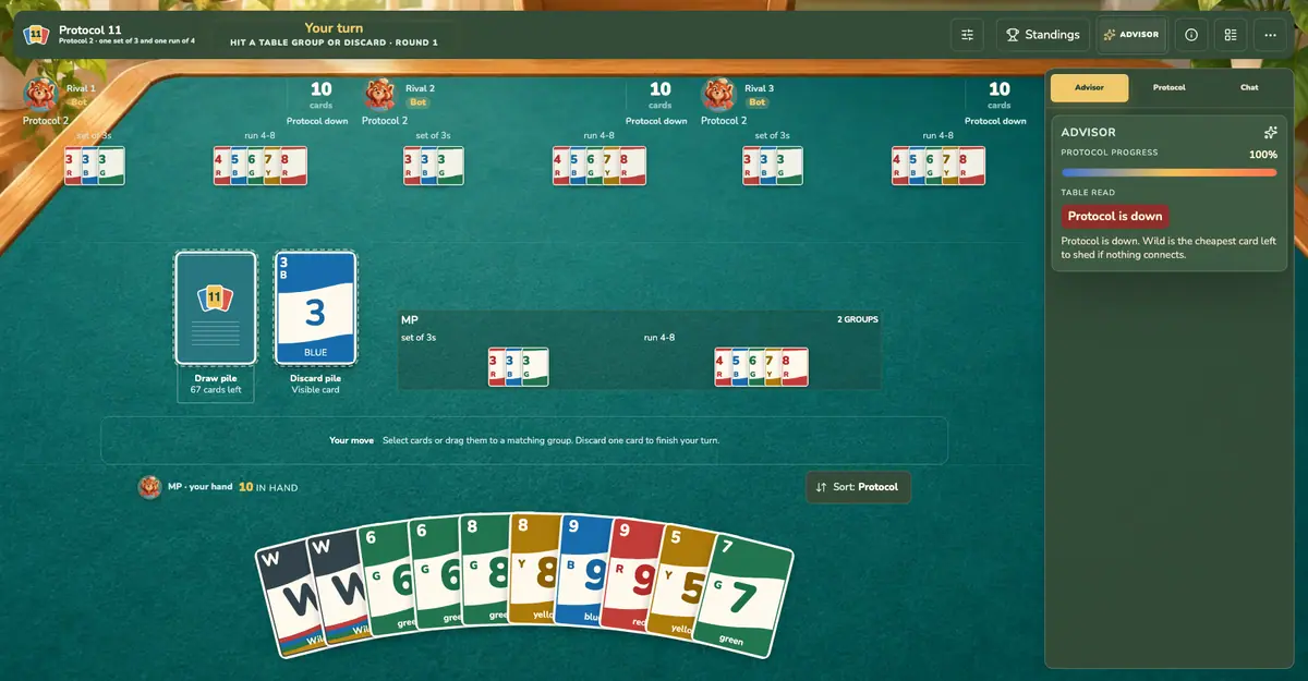 Protocol 11 table layout with anonymous MP and Rival test seats, groups and hand cards in a controlled layout demonstration